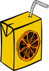 A single use orange juice drink box with a straw inserted into the box