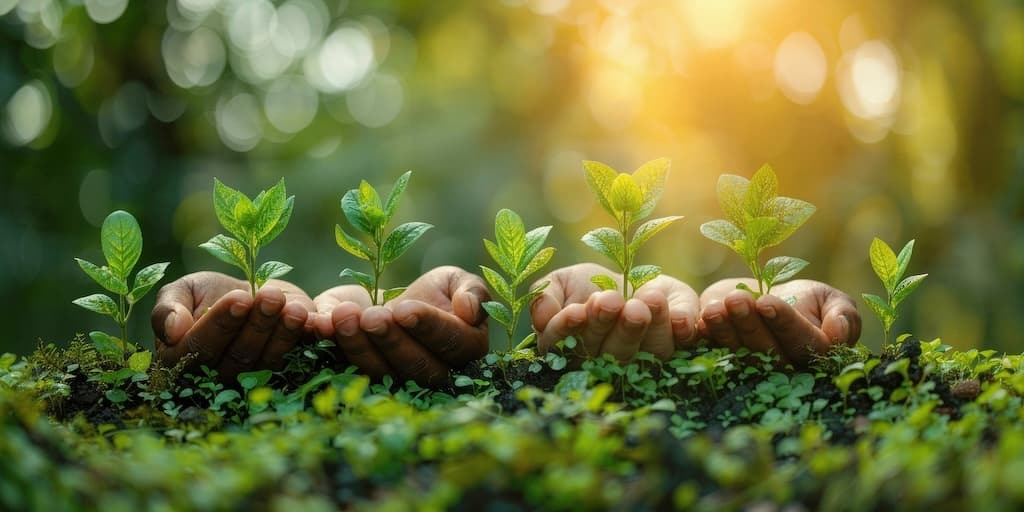 Multiple hands holding smlal green plants on green background